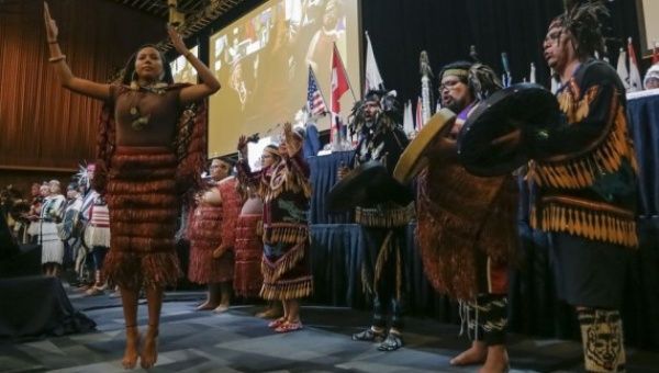 People perform at the opening ceremony of the Assembly of First Nations' 43rd Annual General Assembly (AGA) in Vancouver, British Columbia, Canada, on July 5, 2022.
