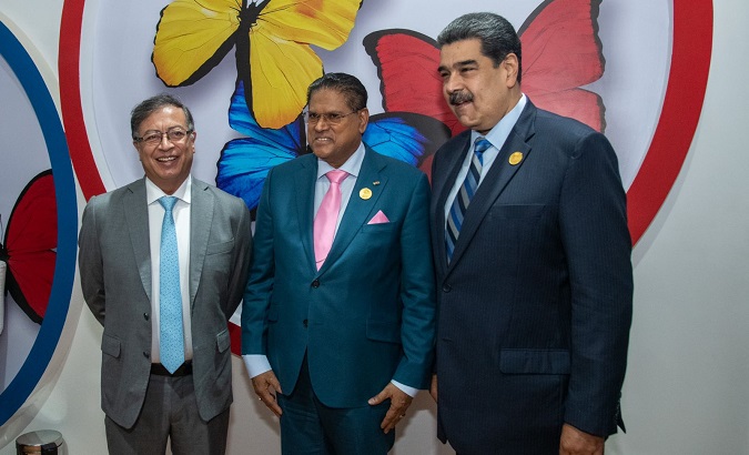 Presidents Gustavo Petro (L), Chan Santoki (C), and Nicolas Maduro (R), Nov. 8, 2022.