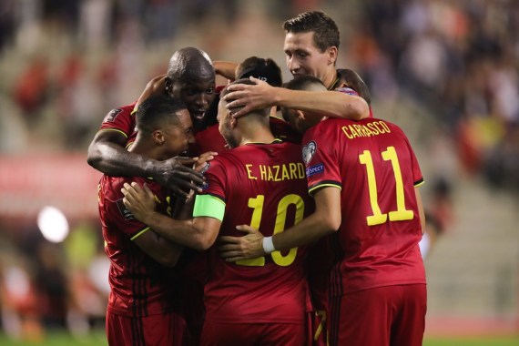 Belgium's players celebrate a goal during their FIFA World Cup qualifier against the Czech Republic in Brussels, Sept. 5, 2021.