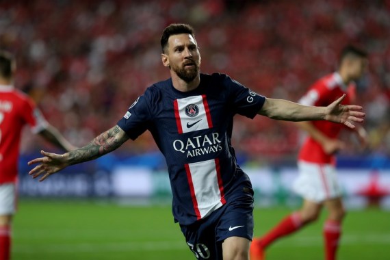 Lionel Messi of Paris Saint-Germain wheels away after scoring against Benfica in UEFA Champions League Group H at the Estadio da Luz in Lisbon, Portugal, Oct. 5, 2022.