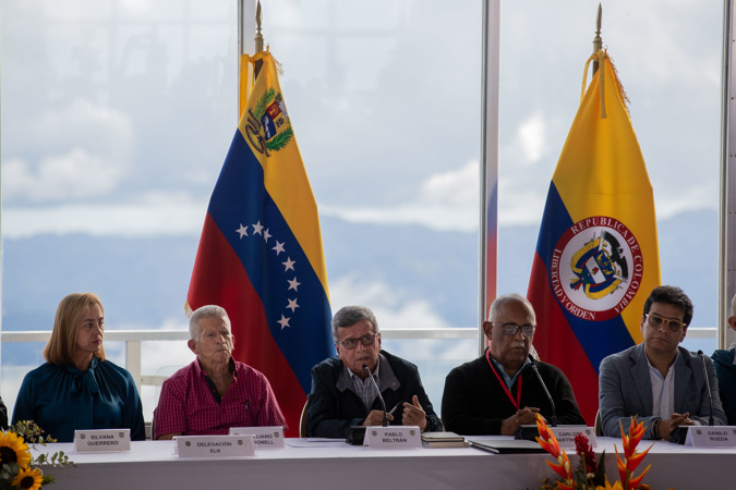 (l-r) Silvana Guerrero, Aureliano Carbonell, Pablo Beltrán, Carlos Martínez and Danilo Rueda participate in the peace talks between the Colombian government and the ELN today at the Humboldt Hotel in the Waraira Repano (Avila) national park in Caracas.