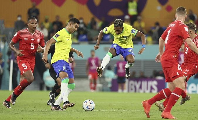 Brazil's Rodrygo (C) at Ras Abu Aboud Stadium in Doha, Qatar, Nov. 28, 2022.