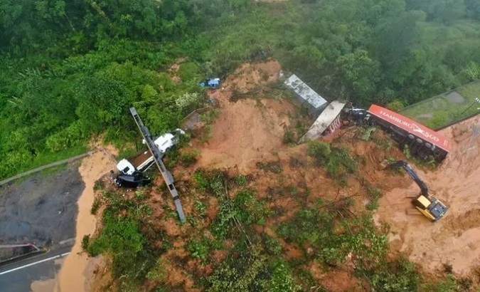 Aerial view of the landslide on BR 376 highway, Guaratuba, Brazil, Nov. 29, 2022.