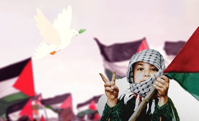 A boy holding a Palestinian flag.