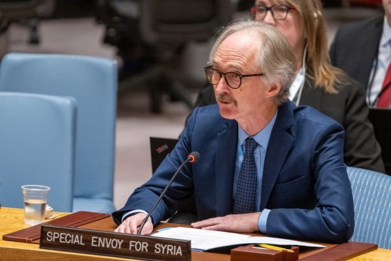 UN Special Envoy for Syria Geir Pedersen speaks at a Security Council meeting at the UN headquarters in New York, on Nov. 29, 2022.