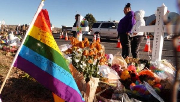 A makeshift memorial for the Club Q mass shooting victims, Colorado Springs, Colorado, U.S., 2022.