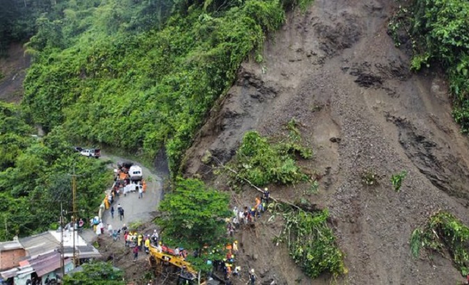 Aerial view of the landslide, Risalda department, Colombia, Dec. 5, 2022.