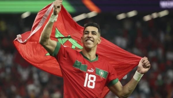 Jawad El Yamiq of Morocco celebrates after the Round of 16 match against Spain of the 2022 FIFA World Cup at Education City Stadium in Al Rayyan, Qatar, Dec. 6, 2022.