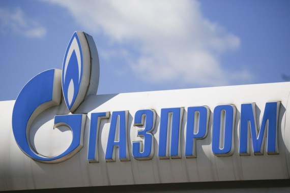 The logo of Russia's energy giant Gazprom is seen at a petrol station in Moscow, Russia, on April 28, 2022.