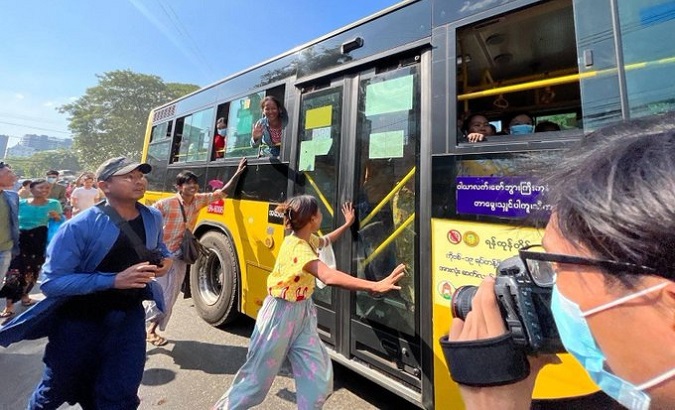People greet prisoners being released, Yangon, Myanmar, Jan. 4, 2023.
