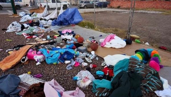 Discarded belongings following US Border Patrol’s raid on migrants sleeping on the streets, El Paso, Texas, 2023.