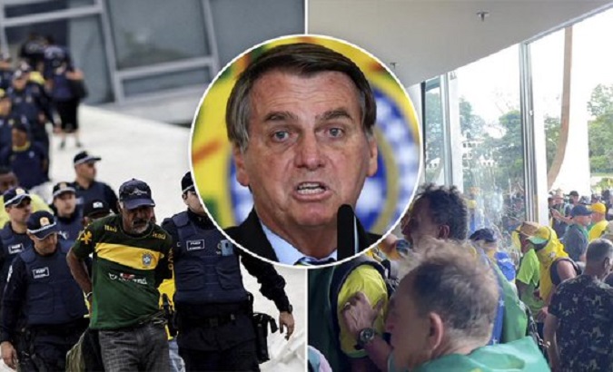 Jair Bolsonaro (C) and images related to the far-right assault on public buildings in Brasilia, Jan. 8, 2023.
