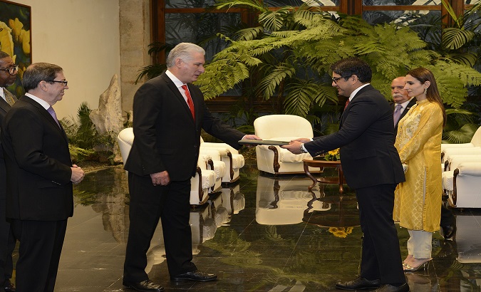 President Miguel Diaz-Canel (L) receives letters of accreditation of new ambassadors in his country, Havana, Cuba, Jan. 11, 2023.