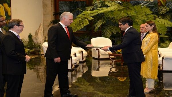 President Miguel Diaz-Canel (L) receives letters of accreditation of new ambassadors in his country, Havana, Cuba, Jan. 11, 2023.