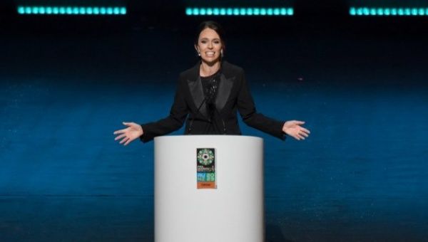 New Zealand Prime Minister Jacinda Ardern speaks during the draw ceremony for the 2023 FIFA Women's World Cup in Auckland, New Zealand, Oct. 22, 2022.