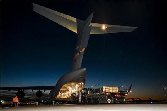 Photo posted by the U.S. Department of Defense on Aug. 23, 2022 shows munition packages bound for Ukraine are loaded at the Joint Base McGuire-Dix-Lakehurst, New Jersey, the United States.
