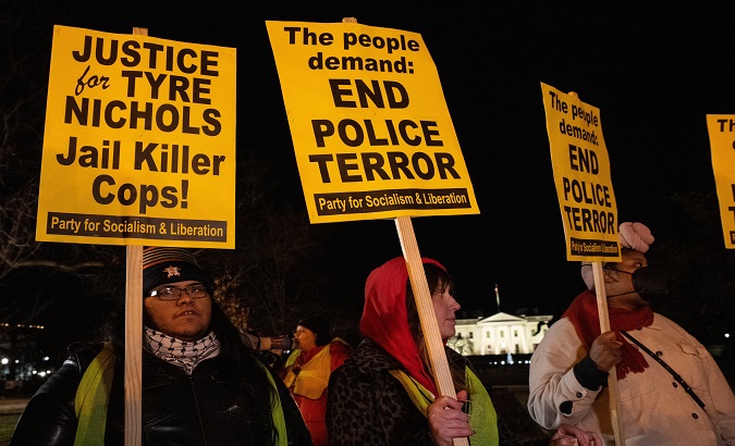 In the U.S. capital, dozens of people protested in front of the White House after images were released of the beating of Tyrone Nichols by police officers, who died three days after the act of police brutality. Jan. 28, 2023.