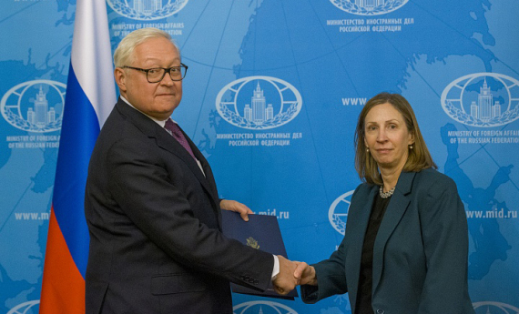 Russian Deputy Foreign Minister Sergei Ryabkov (L) shakes hands with U.S. Ambassador to Russia Lynne Tracy in Moscow on Jan. 30, 2023.