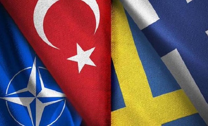The NATO, Turkey, Sweden, and Finland flags (From L to R).