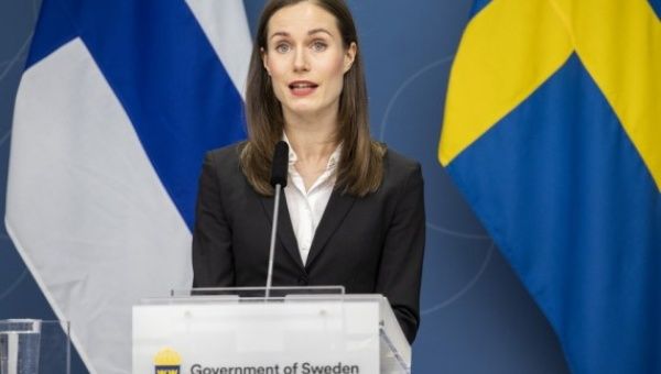 Finnish Prime Minister Sanna Marin speaks at a press conference in Stockholm, Sweden, on Feb. 2, 2023.