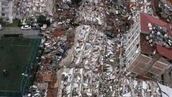 Blocks of buildings collapsed by the earthquake, Feb. 6, 2023.