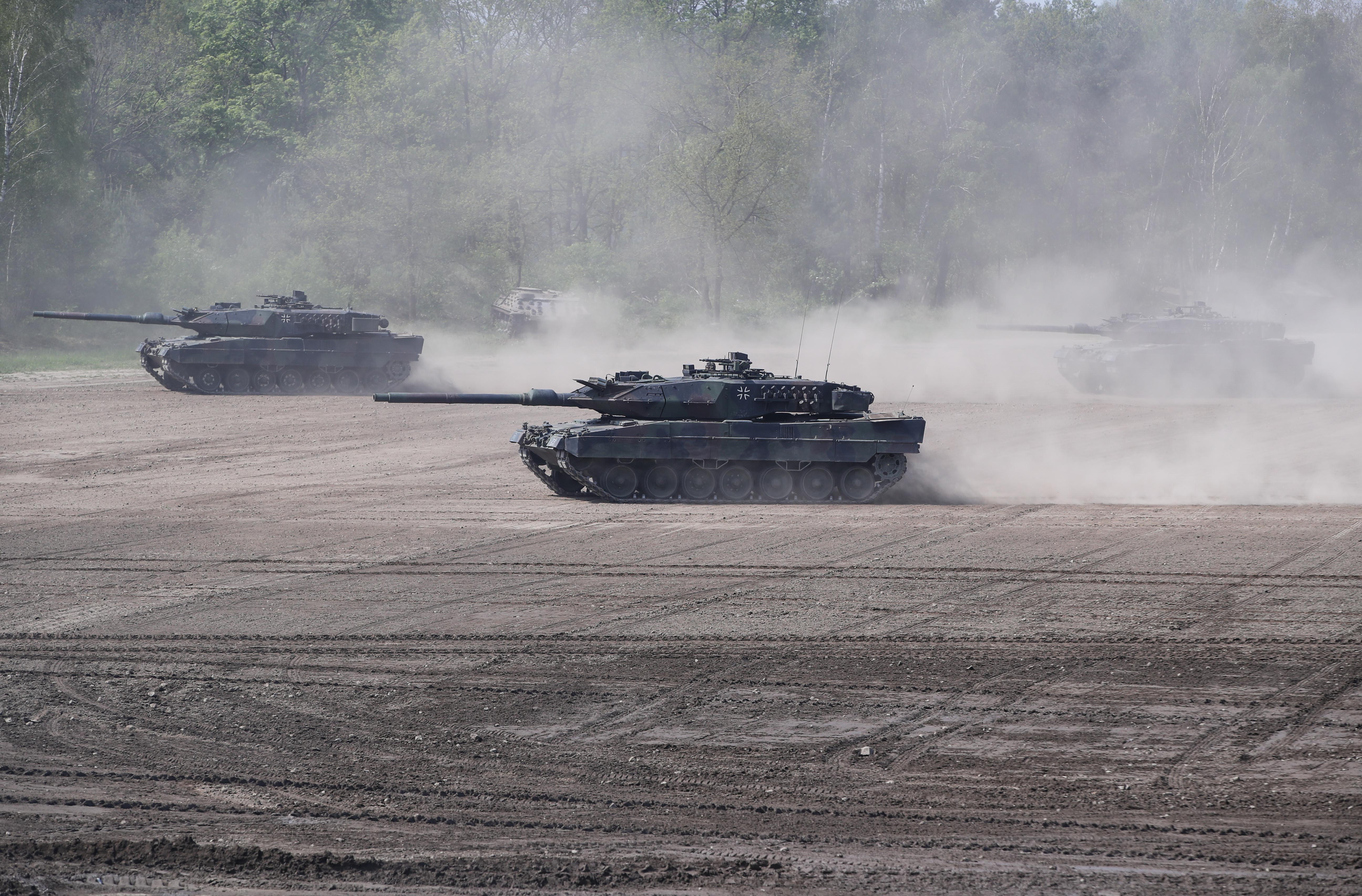 Leopard 2 tanks are seen in a training demonstration in Munster, Germany, May 20, 2019.