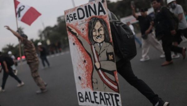 A caricature of Peruvian President Dina Boluarte making Nazi gestures, 2023.