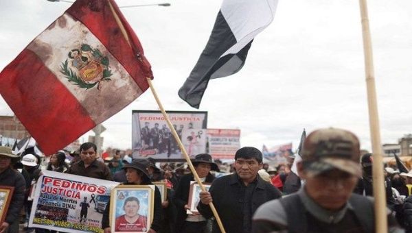 Citizens take part in a demonstration, Juliaca city, Peru, Feb. 10, 2023.