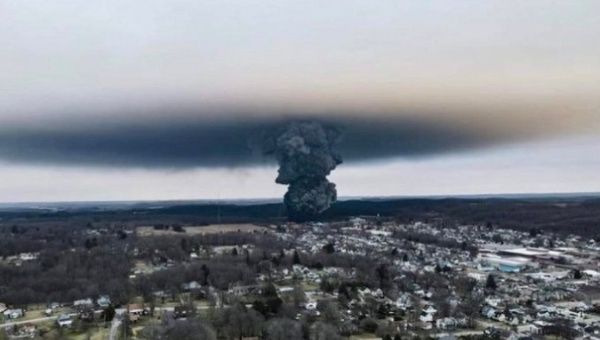 Smoke mushroom produced by chemical explosion in East Palestine, Ohio, U.S., Feb. 13, 2023