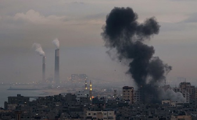 Cloud of black smoke emerging from a building in Gaza, Feb. 23, 2023.