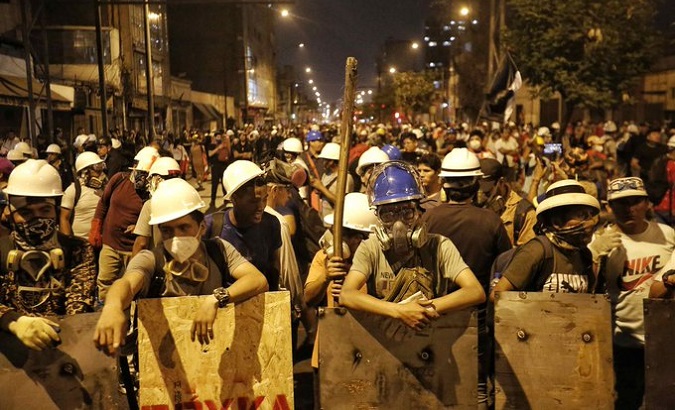Workers protesting against President Dina Boluarte, Peru, Feb. 2023.