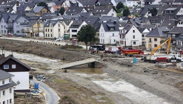 Damaged banks of the Ahr river in Dernau, Germany, 2021. 