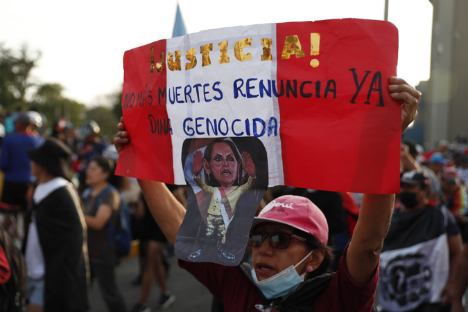 Critics of Peruvian President Dina Boluarte march against her government in Lima today.