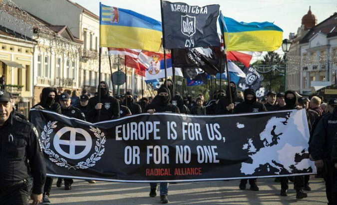 Europeans take part in a Neo-nazist demonstration.