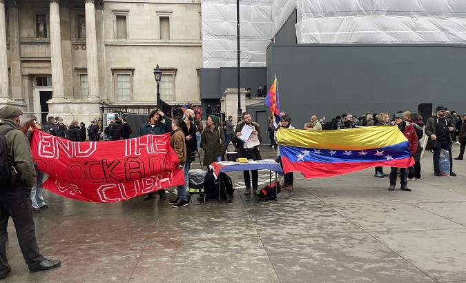 Rally informing people about U.S. sanctions against Cuba and Venezuela, London U.K, 2023.