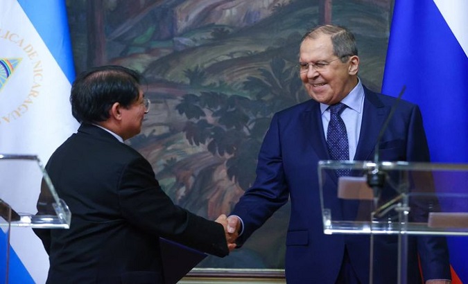 Nicaraguan Foreign Minister Denis Moncada (L) and Foreign Minister Serguei Lavrov (R) in Moscow, Russia, March 30, 2023.