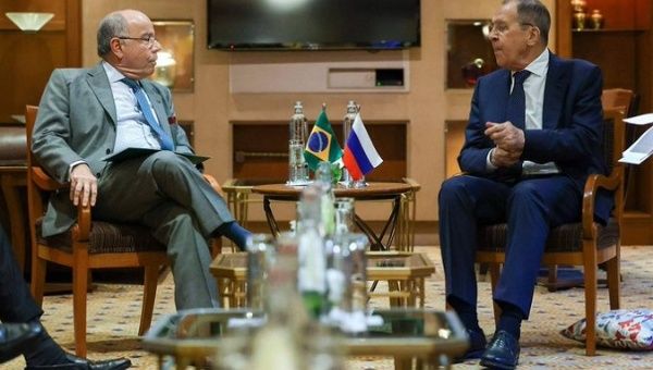 Russian FM Sergei Lavrov (R) & and Brazilian FM Mauro Vieira (L), April 18, 2023.