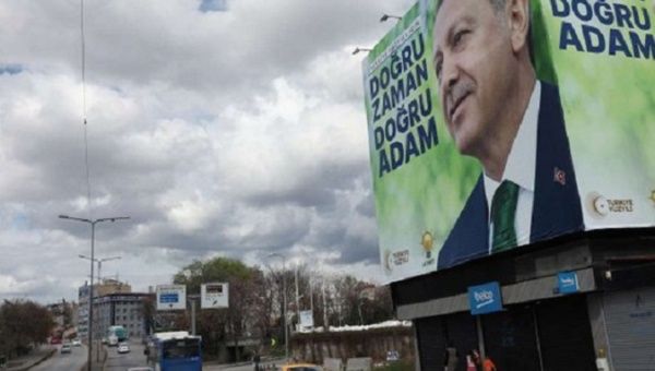 President Recep Tayyip Erdogan in an campaign poster, April 2023.