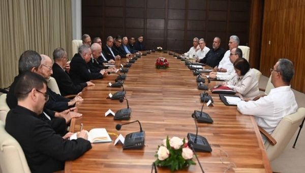 Cuban government representatives and Catholic church leaders in Havana, Cuba, April 27, 2023.