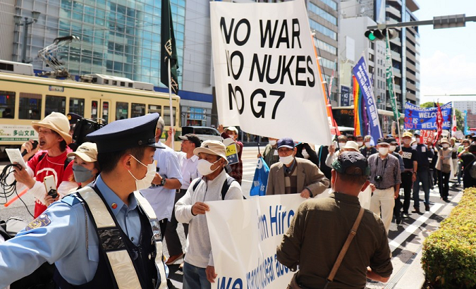 People protesting against G7 summit in Japan, May 14, 2023.