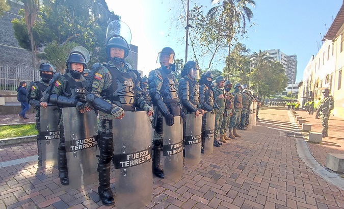 Soldiers surround the National Assembly in Quito, Ecuador, May 17, 2023.