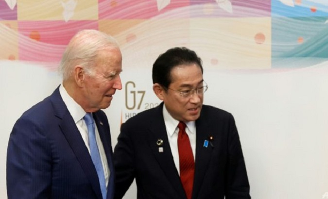 US President Joe Biden (L) and PM Fumio Kishida in Hiroshima, Japan, May 19, 2023.