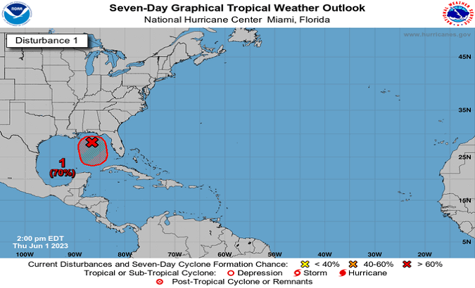 Tropical Depression Two, located over the northeastern Gulf of Mexico. Jun. 1, 2023.