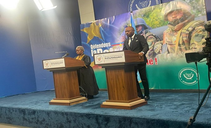 Bintou Keita, MONUSCO chief (left) and Patrick Muyaya, the Congolese Minister of Communication and Media (right) at a joint conference. Jun. 20. 2023.