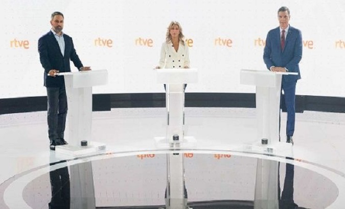 Santiago Abascal (left), Yolanda Díaz (center) and Pedro Sánchez (right) in the last presidential debate. Jul. 20, 2023.