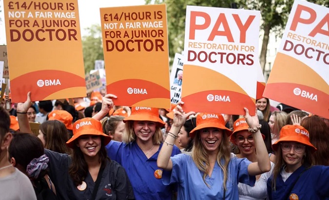 A junior doctors rally outside Downing Street in London, UK, July 11, 2023.