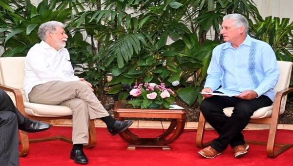 Meeting between Cuban President Miguel Díaz-Canel and Celso Amorim, head of the Special Advisor's Office of Brazil's President Luiz Inácio Lula da Silva. Aug. 18, 2023. 