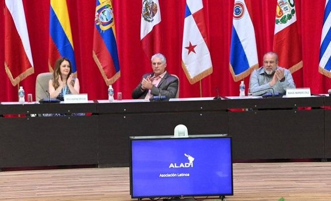 Cuban President Miguel Diaz-Canel (C) Diaz-Canel at the opening session of Expo ALADI-Cuba 2023.