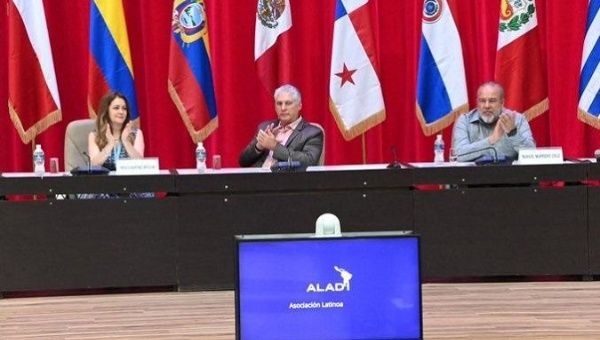 Cuban President Miguel Diaz-Canel (C) Diaz-Canel at the opening session of Expo ALADI-Cuba 2023.