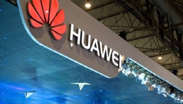 Huawei logo at a technology fair, 2023.